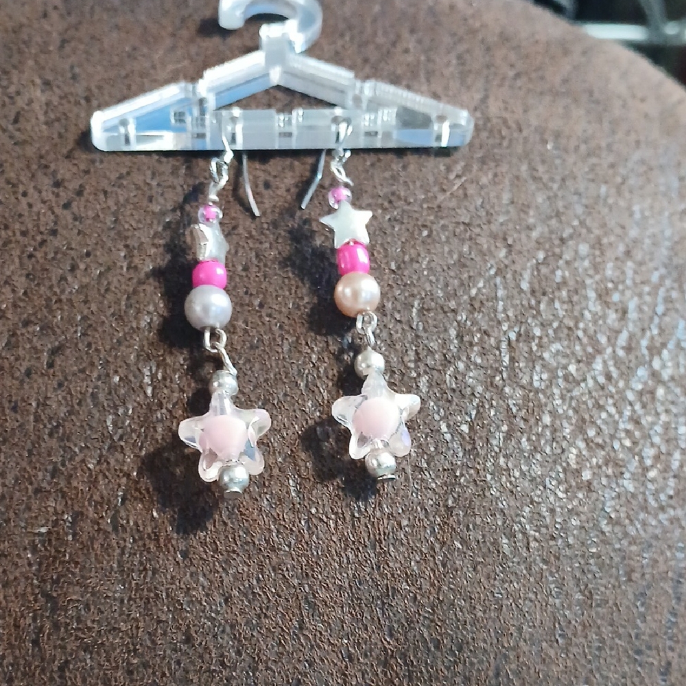 Pink and Silver Star Dangle Earrings